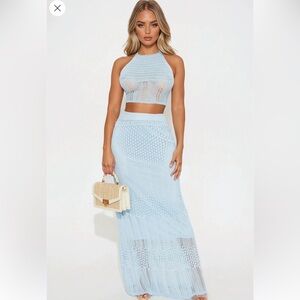 Faahion nova Elegant Blue Crochet Maxi Skirt set